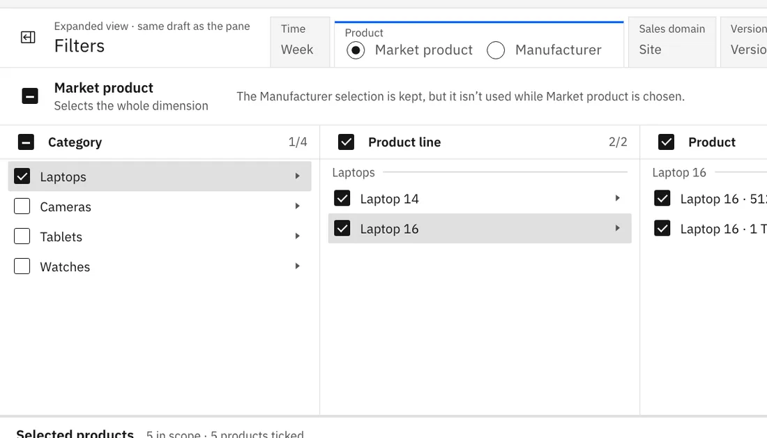 Expanded view with a radio for Market product or Manufacturer and a note: The Manufacturer selection is kept, but it isn't used while Market product is chosen.