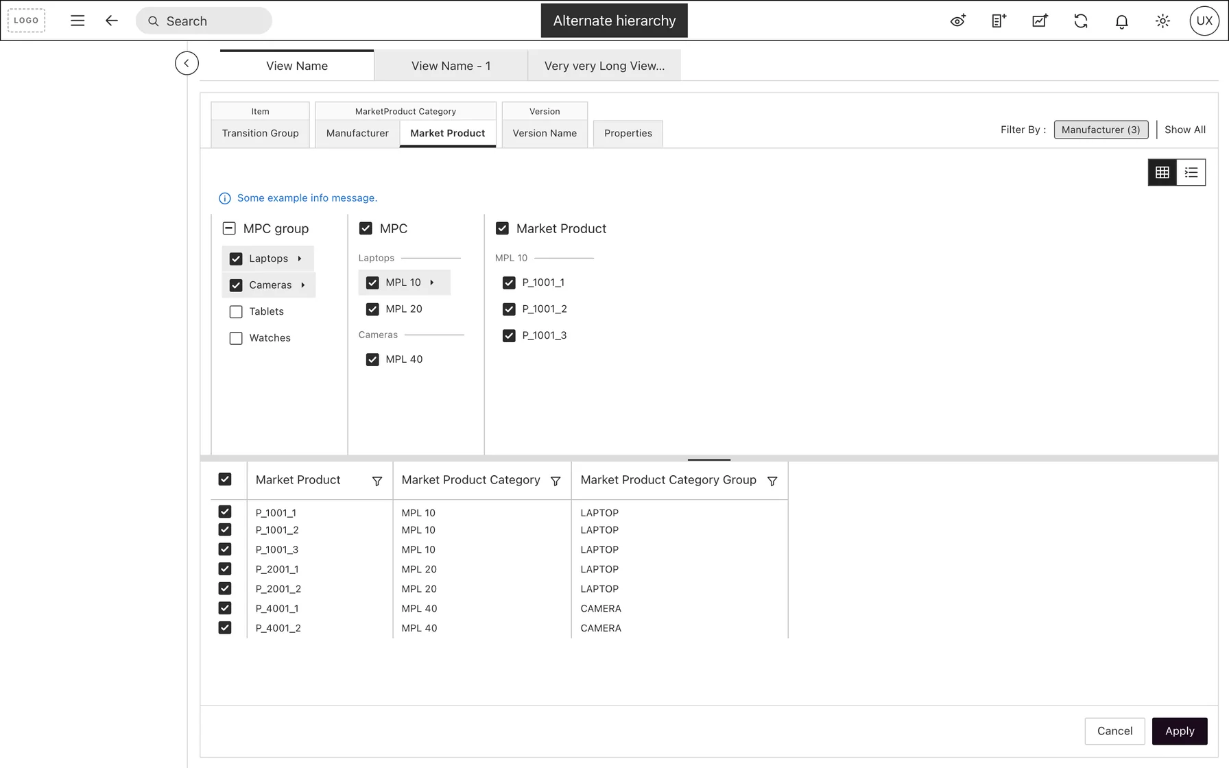 Rebuilt low-fi alternate-hierarchy screen: Manufacturer and Market Product as two tabs under MarketProduct Category, a Filter By Manufacturer (3) chip with Show All, the MPC group, MPC and Market Product columns, and a grid of market products.