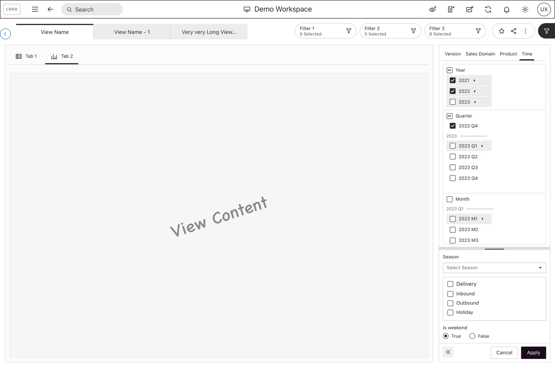 Rebuilt low-fi Always-On Pane to the right of the view content, with Version, Sales Domain, Product and Time tabs, Year, Quarter and Month stacked, Season, Delivery and Is weekend properties, and Cancel and Apply.
