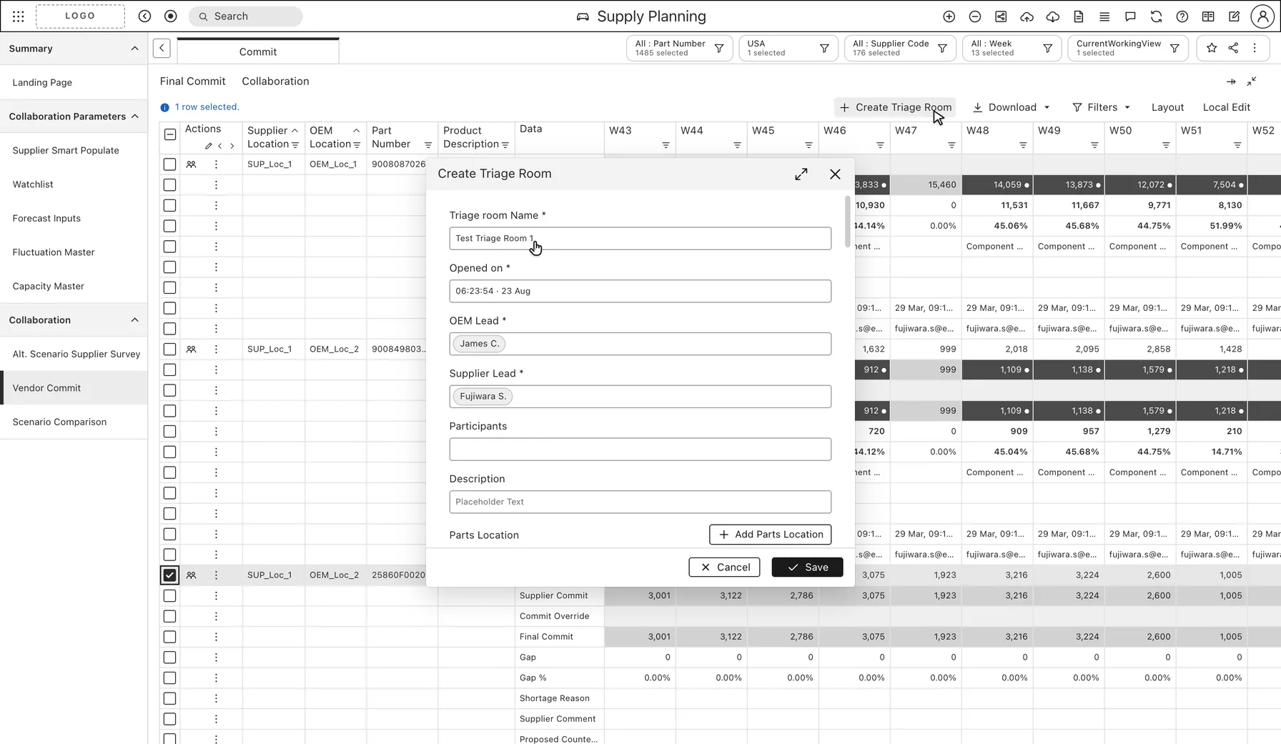 Low-fi redraw of the early create-room form over the planning grid: no parts yet, only an Add Parts Location button.