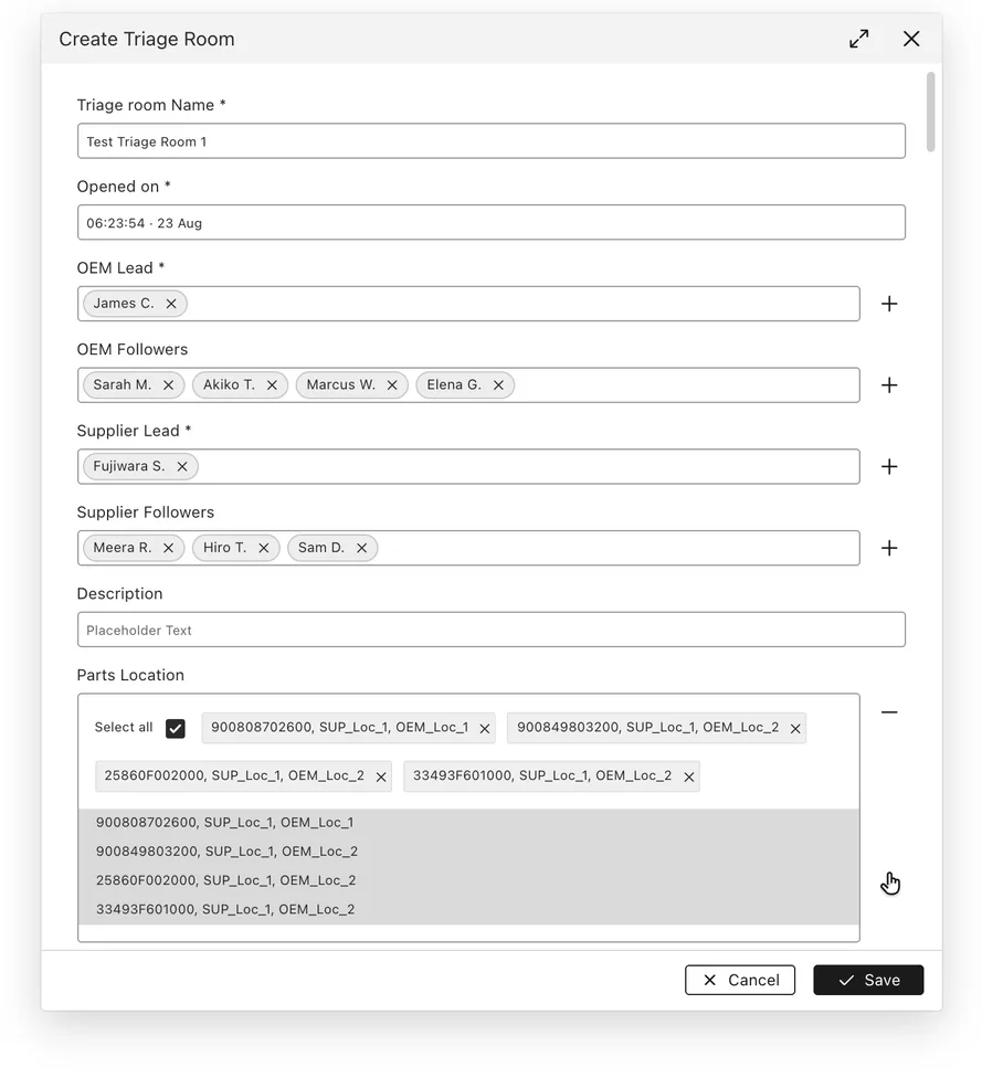 Low-fi redraw of the revised create-room form, with the selected part-location rows carried in as removable chips, and separate OEM and supplier lead and follower fields.