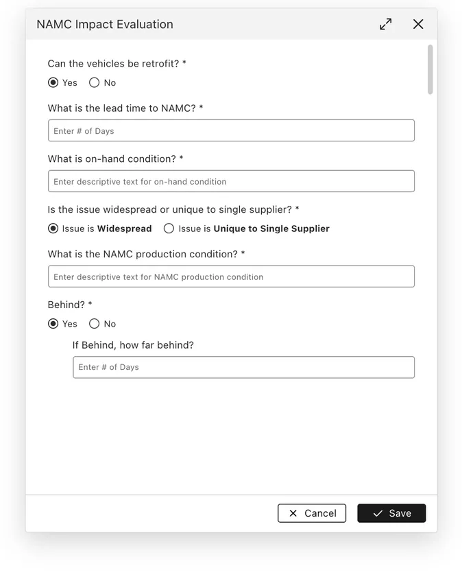 Low-fi redraw of the NAMC Impact Evaluation form, with questions about retrofit feasibility, lead time to the plant, on-hand condition, issue spread, production condition, and schedule delay.