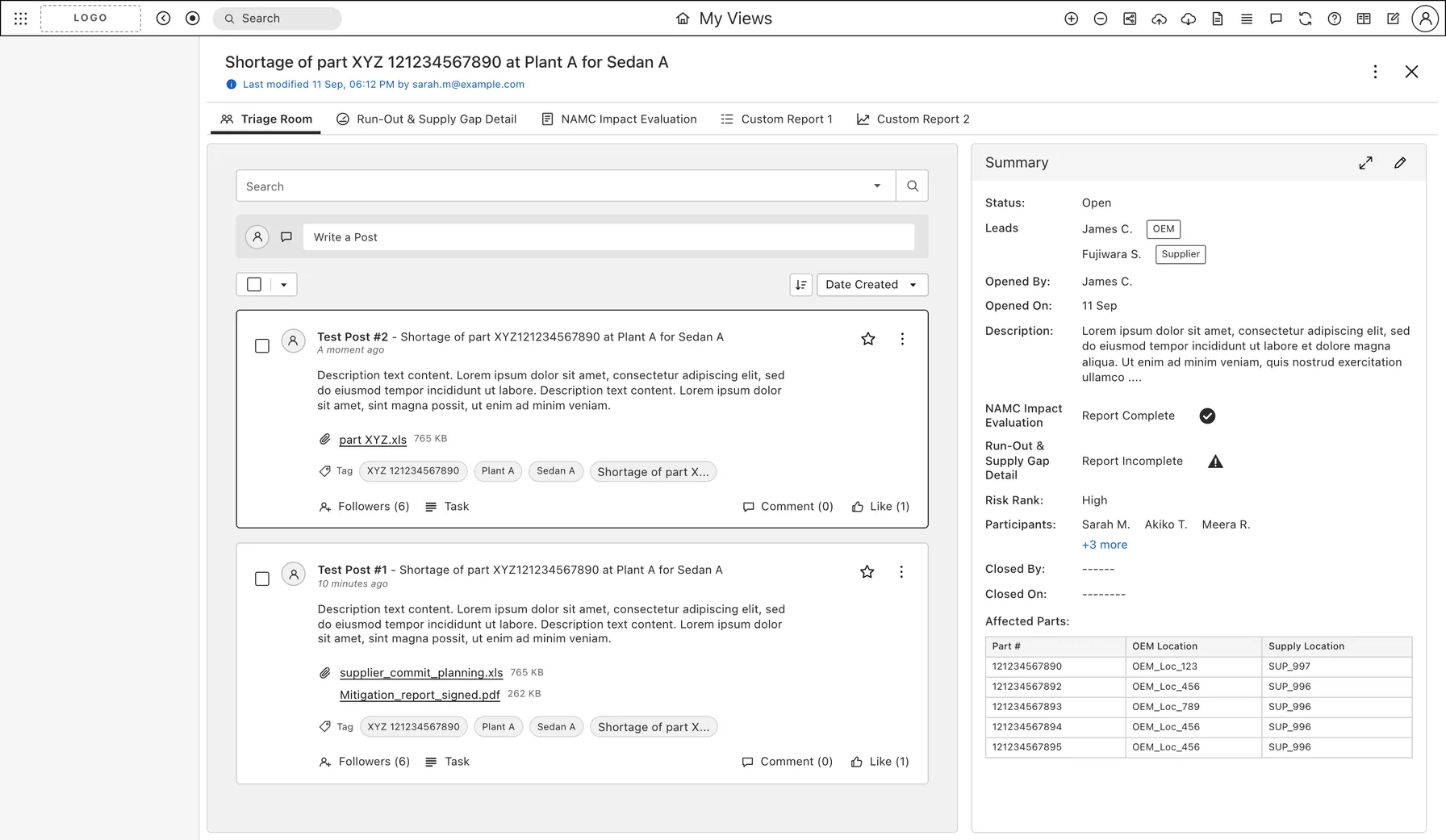Low-fi redraw of the revised design direction: a Pulse feed of posts with files and tags in the main area, report tabs above it, and a persistent summary on the right.